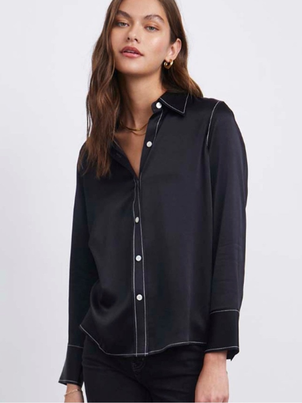 MELLODAY Black Satin Button-Down Blouse | Size M